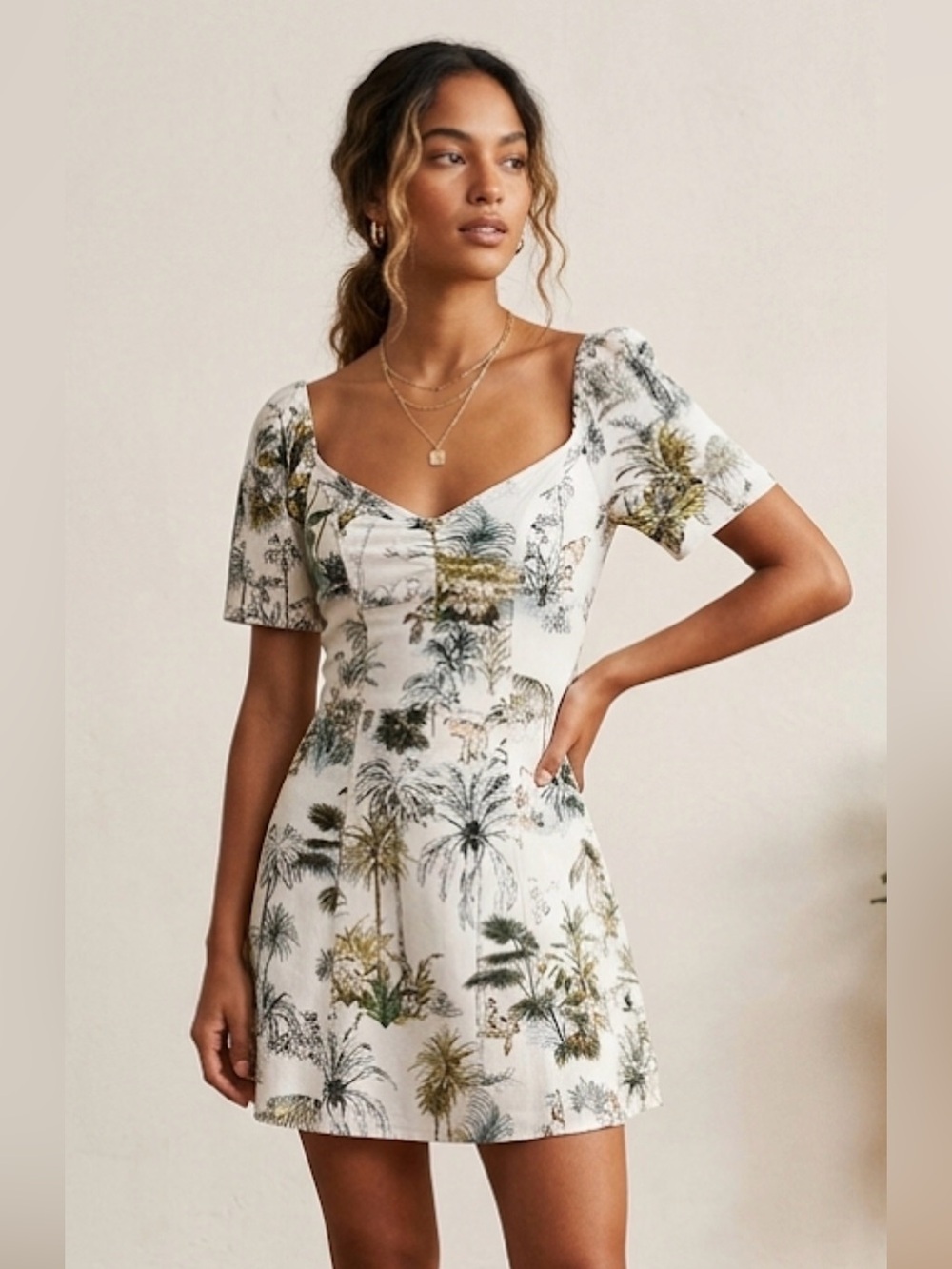 Zara White Palm-Print Off-Shoulder Mini Dress with Green and Black Palms